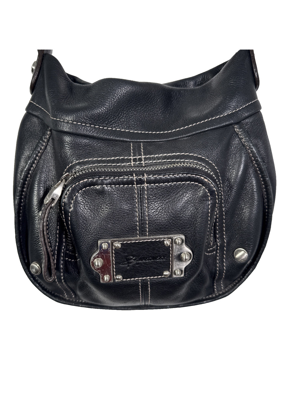 B Makowsky Black Pebbled Leather Shoulder Bag Silver Hardware Hobo Purse VTG